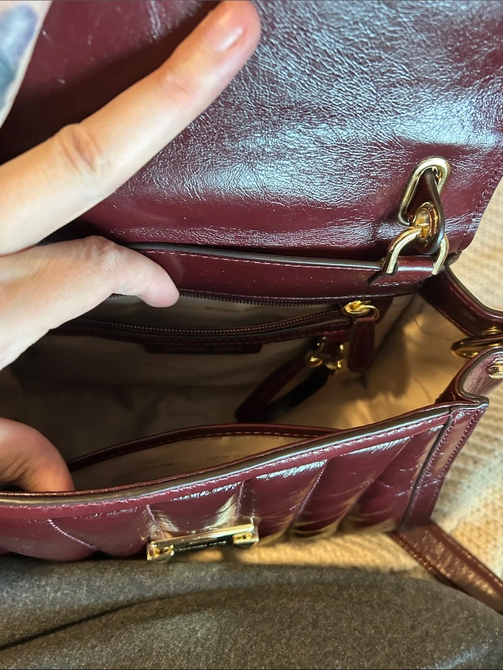 Michael Kors Quilted Patent Satchel in Deep Burgundy